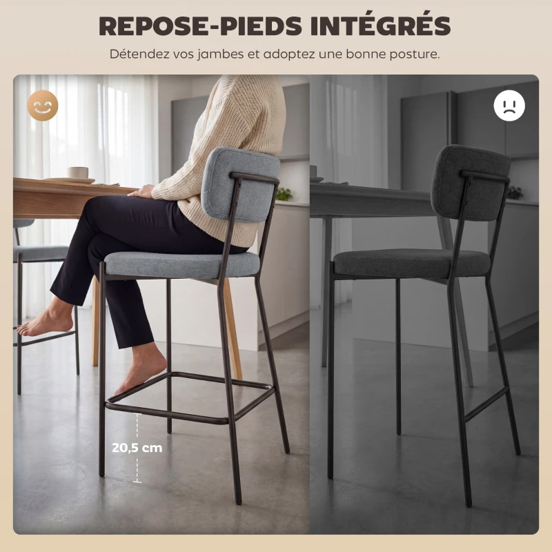 HOMCOM Lot de 2 tabourets de bar, chaises de bar, assise rembourrée, dossier courbé et repose-pieds, 49 x 53 x 93 cm, gris