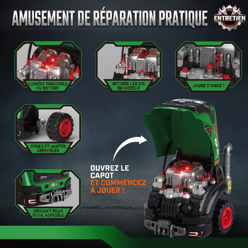 AIYAPLAY Jouet Moteur de Camion pour Enfants, Camion Mécano, Volant avec Effet de Brume, Sonores et Lumineux pour 3-6 Ans, Vert