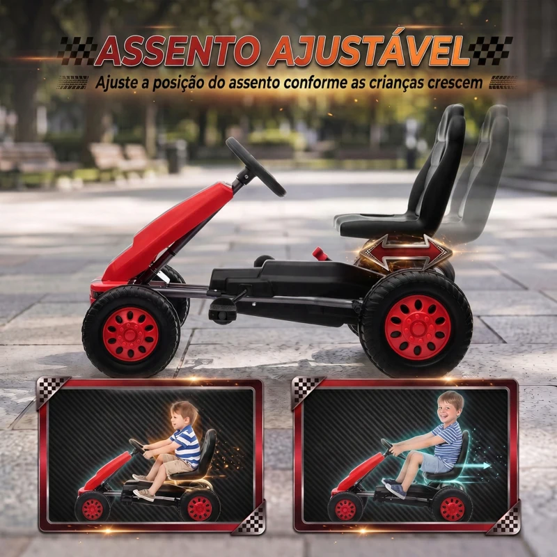 AIYAPLAY Go-Kart para Crianças +3 Anos com Assento Ajustável, Volante, Travão de Mão, Estrutura em Alumínio e Aço, até 30 kg, Vermelho