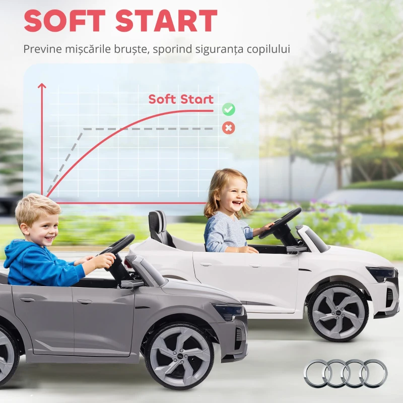 AIYAPLAY Mașină electrică pentru copii sub licență Audi Q8 e-tron Sportback 12V, telecomandă, faruri, muzică, claxon, 3-4 ani, Gri