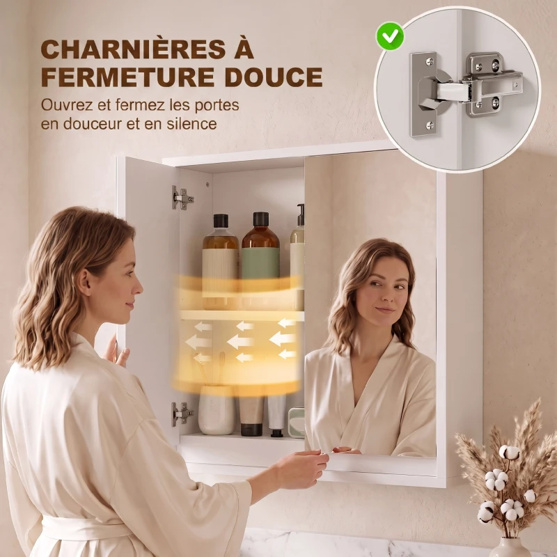 HOMCOM Armoire Murale Miroir Salle de Bain 2 étagères dim. 48L x 14l x 45H cm Panneaux Particules MDF Blanc