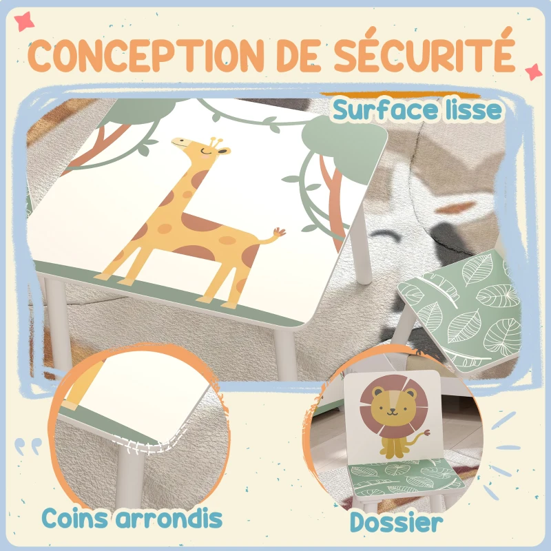 AIYAPLAY Table enfant avec chaise, ensemble table et 2 chaises enfant en bois, motifs animaux, 60 x 60 x 44 cm, vert