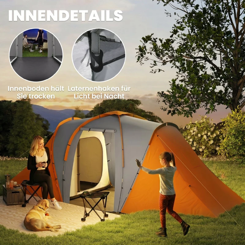 Outsunny Tunnelzelt, 2000mm Wasserabweisend Campingzelt für 4 Personen, mit 2 Schlafzimmern Wohnbereich Tragetasche Grau+Orange
