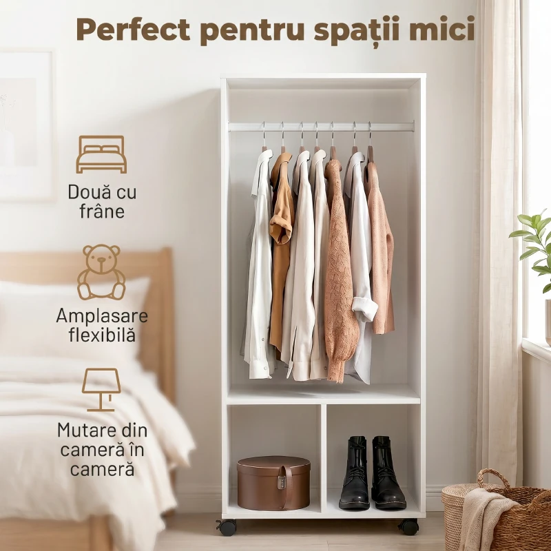 HOMCOM Suport Mobil pentru Haine cu Bară din Aluminiu și 2 Rafturi Deschise, Fabricat din PAL, 60x40x128 cm, Alb