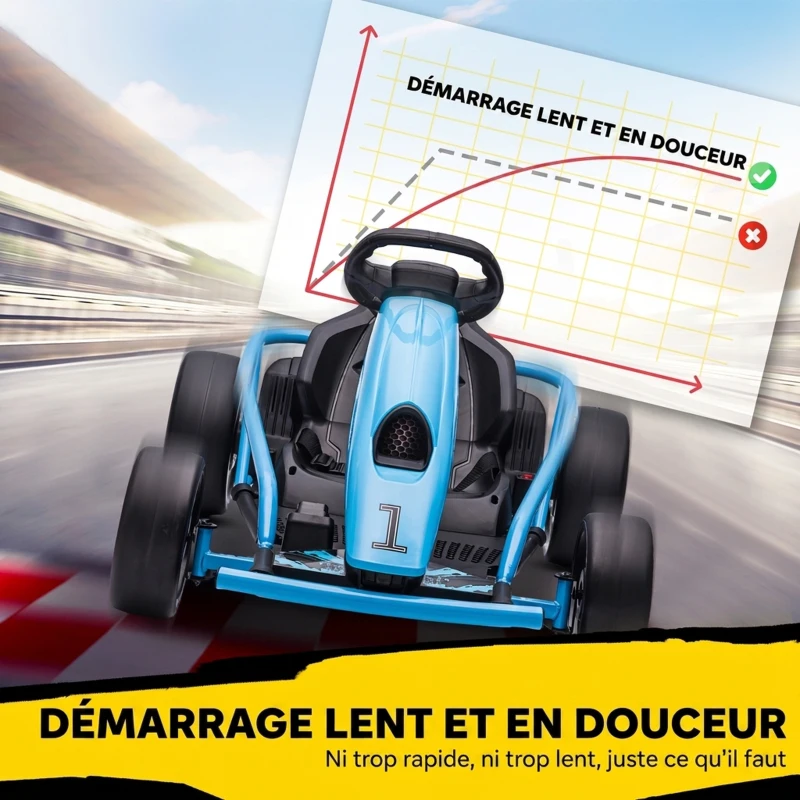 HOMCOM Kart Électrique pour Enfants 24 V, Go Kart avec Mode Drift, 2 Moteurs, Démarrage Progressif, 2 Vitesses 6-13 km/h, Bleu(m-7)