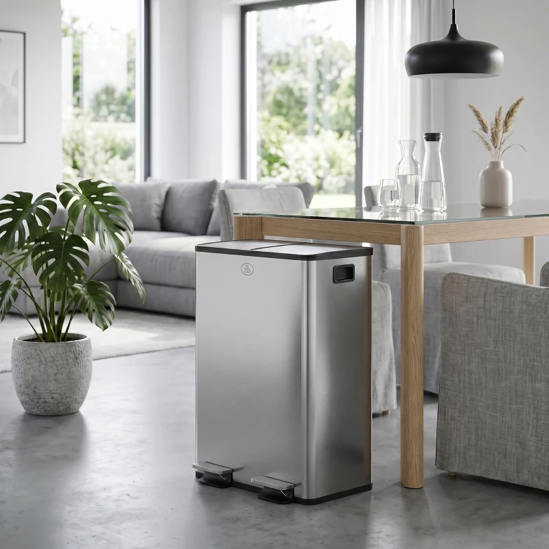HOMCOM 2 x 28 L Doppelmülleimer, Pedalöffnung, leicht zu reinigen, Edelstahl, Kunststoff, Silber
