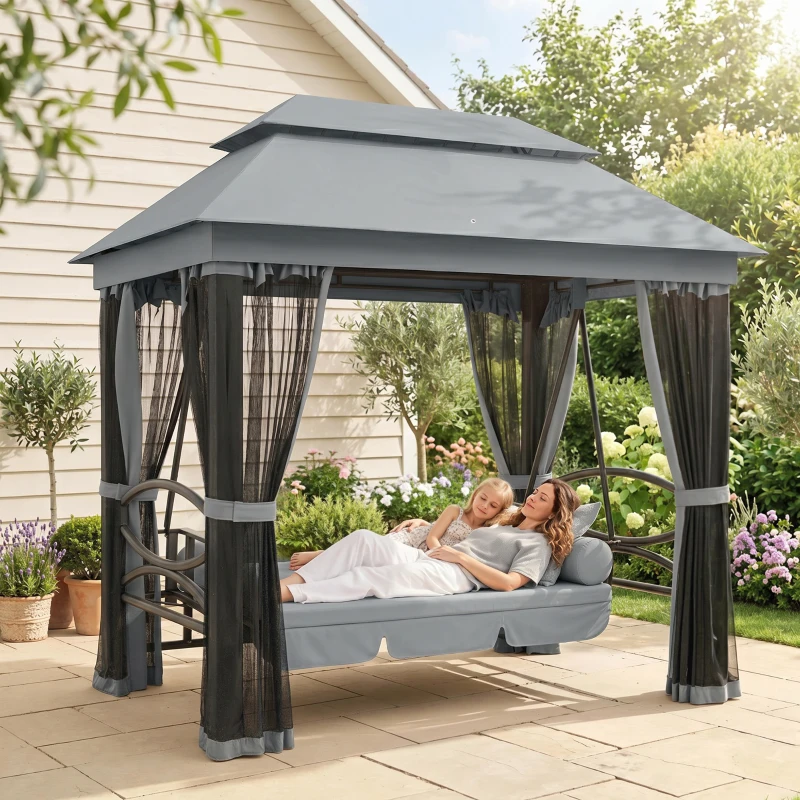 Outsunny 3 Seater Swing Chair 3-in-1 Convertible Garden Swing Seat Bed Gazebo Patio Bench Outdoor with Double Tier Canopy, Cushioned Seat, Mesh Sidewalls, Grey