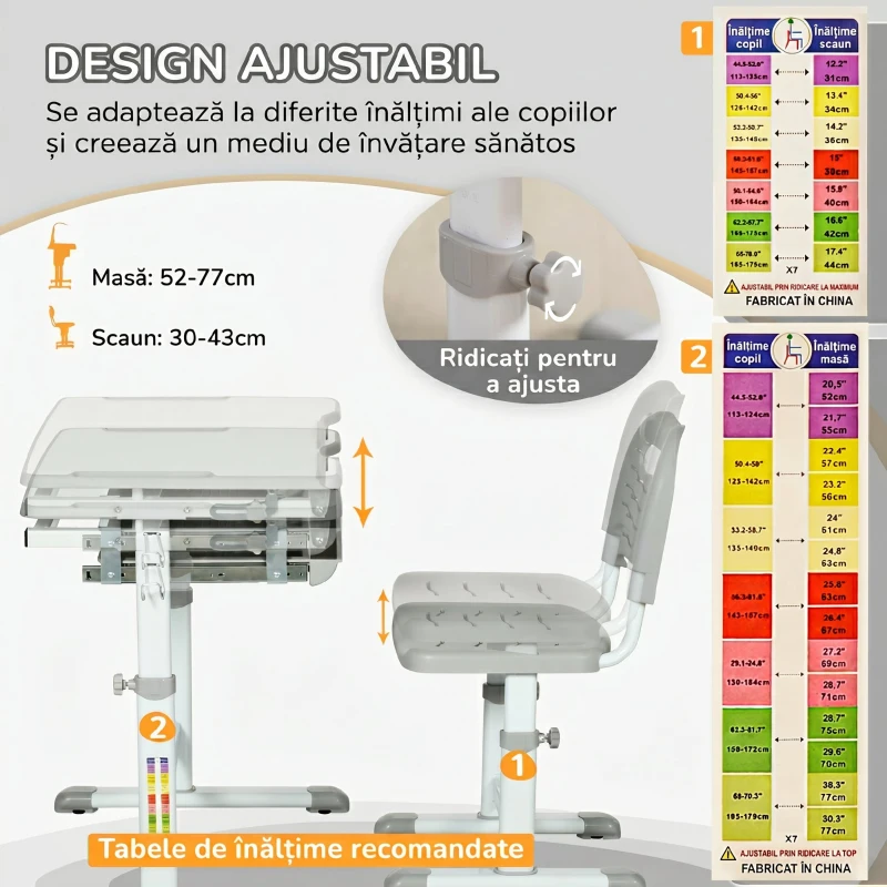 HOMCOM Birou de școală pentru copii de 6-12 ani cu scaun reglabil pe înălțime, blat înclinabil, 66x47x52-77 cm, Gri