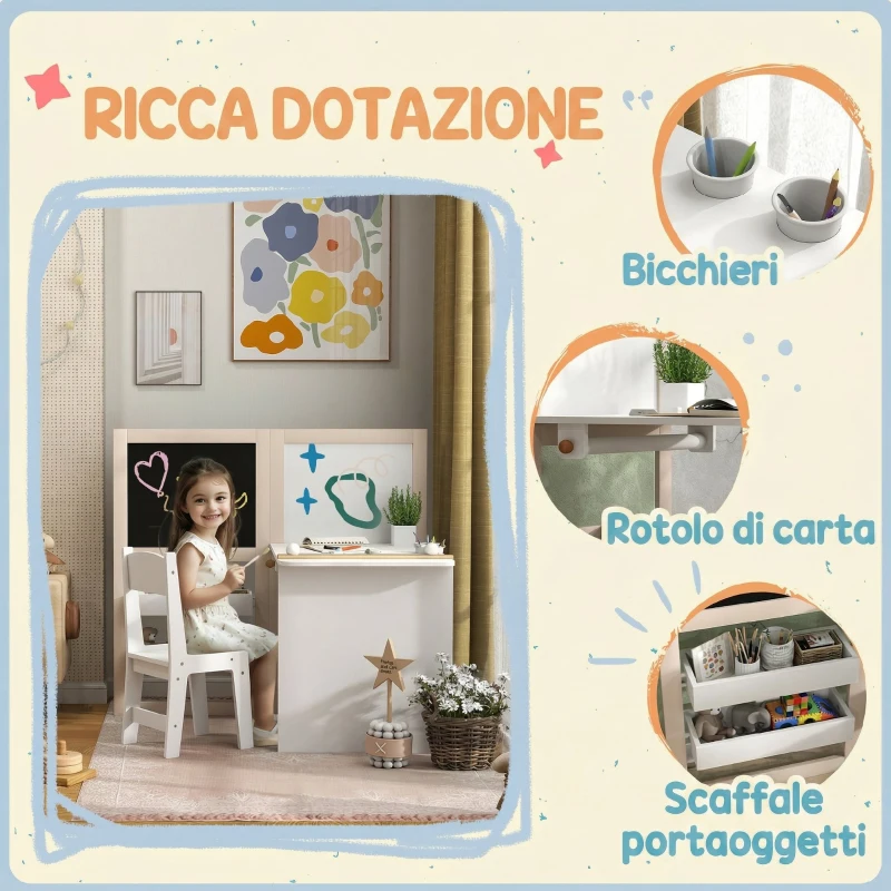 AIYAPLAY Set Tavolo e Sedia per Bambini 3-8 Anni con Lavagna Nera, Lavagna Bianca, Contenitori e Rotolo di Carta, Bianco
