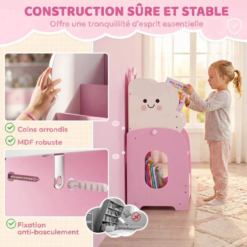AIYAPLAY Meuble rangement enfant 3 à 8 ans, rangement jouets enfant modulaire avec porte-magazines à 4 étagères, rose