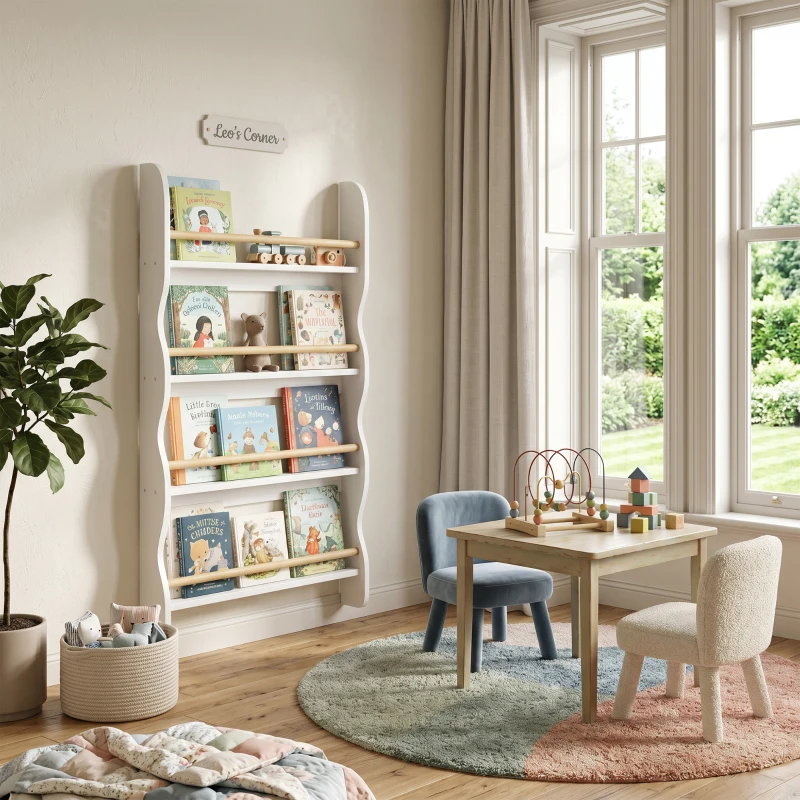 AIYAPLAY Bibliothèque murale pour enfant, rangement livre enfant 4 niveaux, fixer au mur, 60 x 10 x 98 cm, blanc