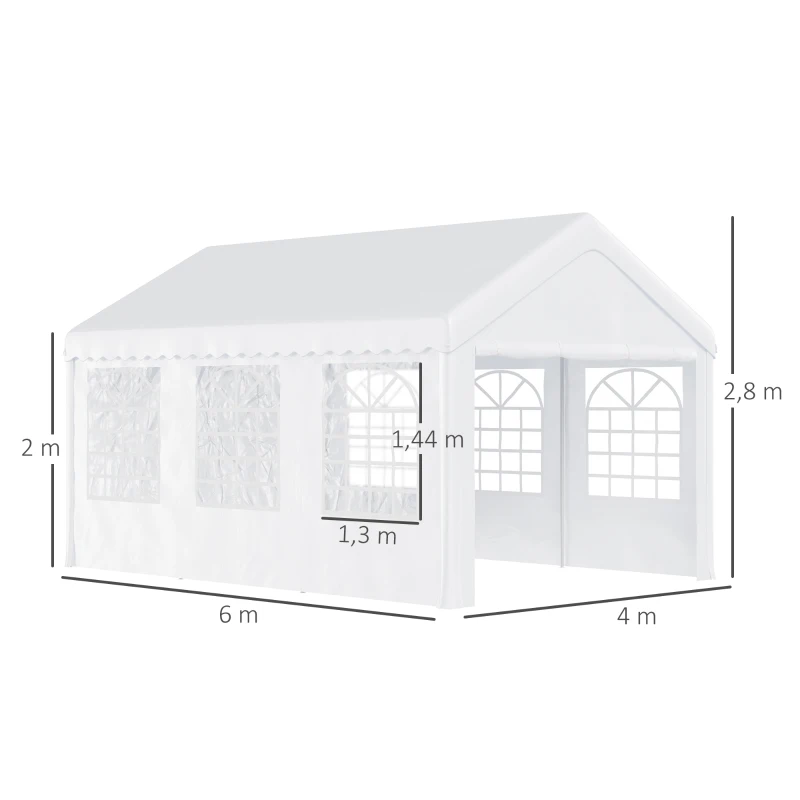Outsunny Carpa para Fiesta Cochera Gazebo 6x4m Pergola Cenador Pabellón 4 Paneles Laterales Ventanas Anti-UV para Eventos Bodas Acero PE Blanco