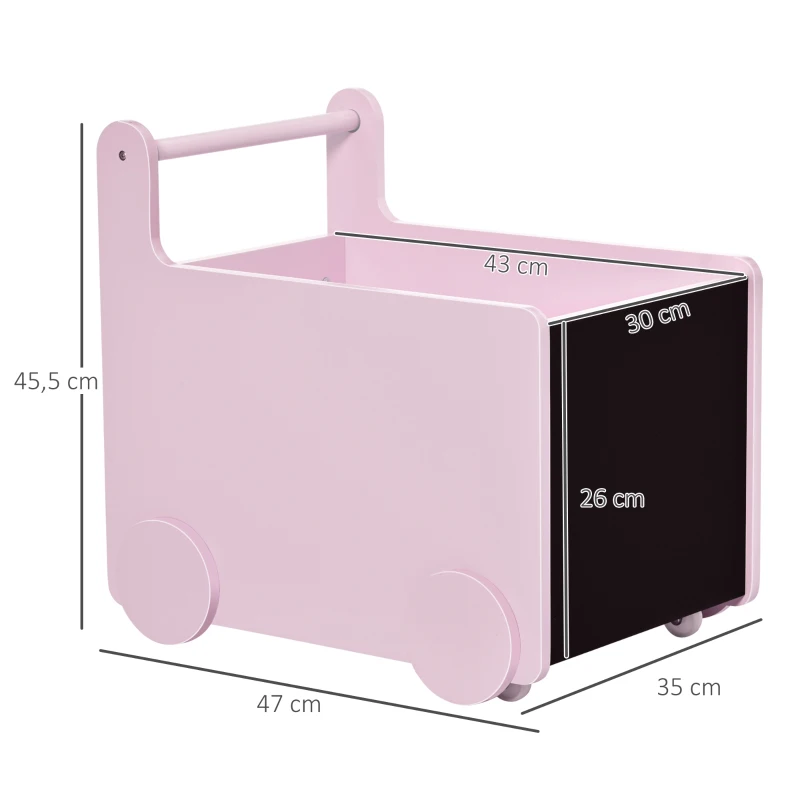 HOMCOM Caja de Almacenamiento de Juguetes Infantil con Ruedas Asa y 2 Pizarras de Escritura Baúl de Almacenaje para Habitación de Niños Guardería Sala de Juegos 47x35x45,5 cm Rosa