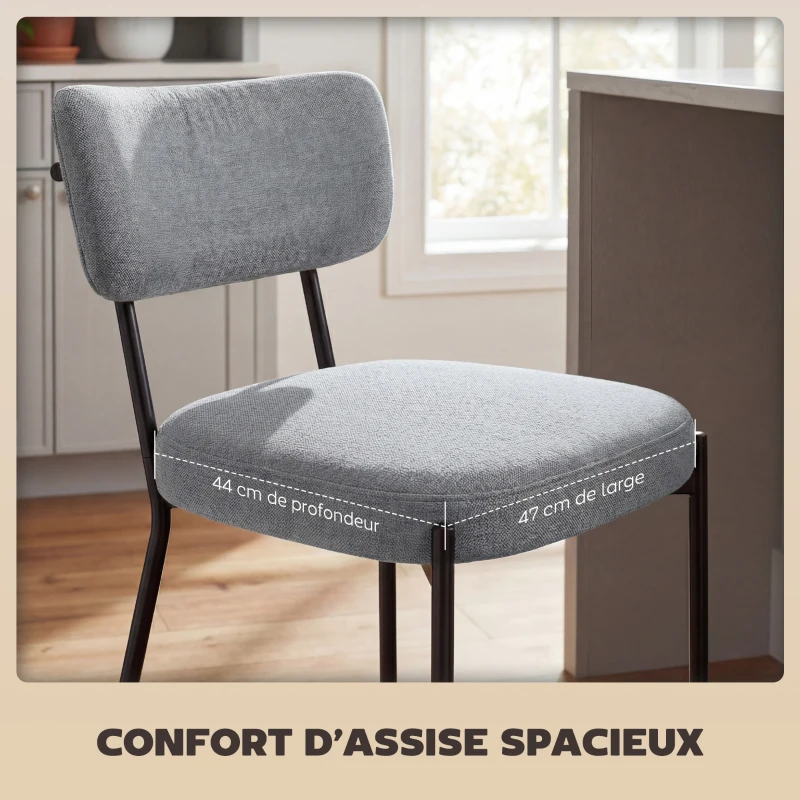HOMCOM Lot de 2 tabourets de bar, chaises de bar, assise rembourrée, dossier courbé et repose-pieds, 49 x 53 x 93 cm, gris