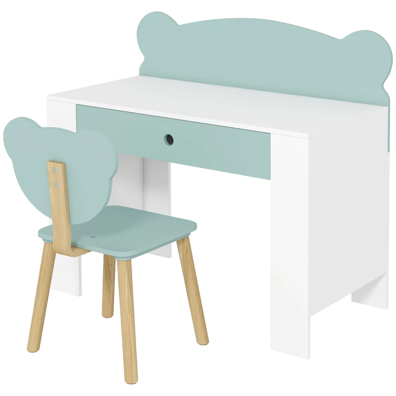 AIYAPLAY Kids Desk and Chair Set with Drawer for Drawing, Reading, Bear Theme Children Furniture for Bedroom, Daycare, Green