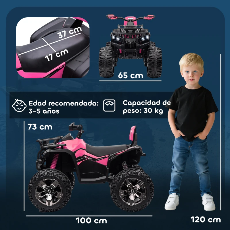 HOMCOM Quad Eléctrico para Niños 12 V para Niños de 3 a 5 Años con 2 Motores Suspensión 3-8 km/h Música Faros LED USB Rosa