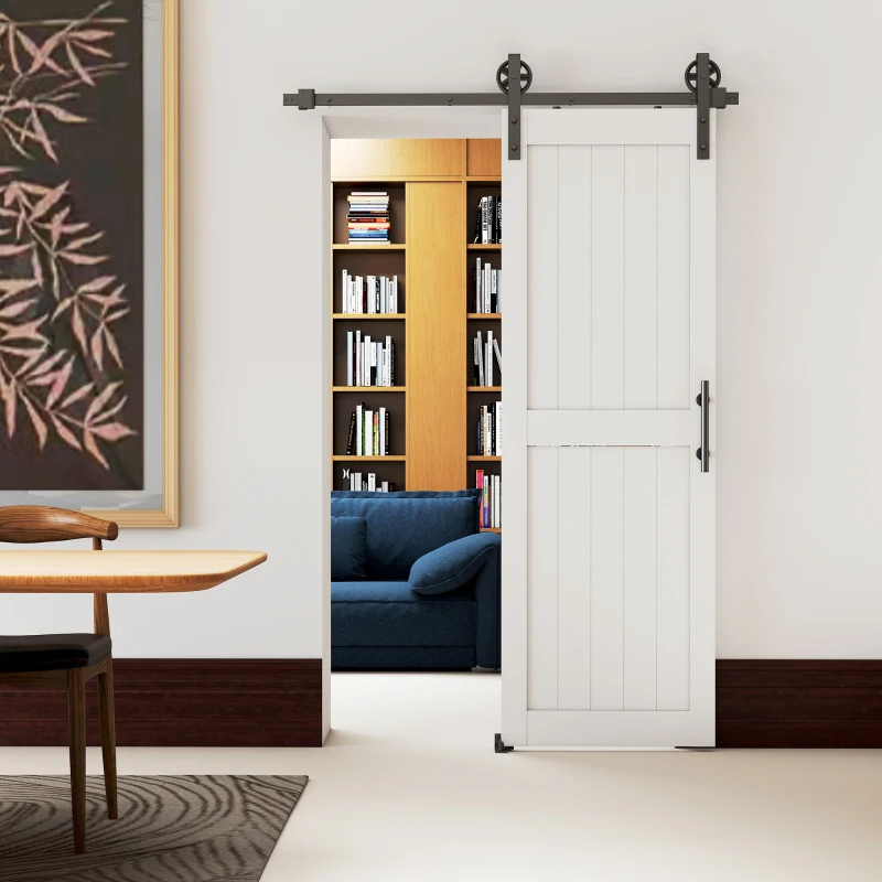 HOMCOM 152.4cm Sliding Barn Door Kit, Sliding Door with Track, Hardware, Upgraded Rollers and Floor Guide, Handle, White