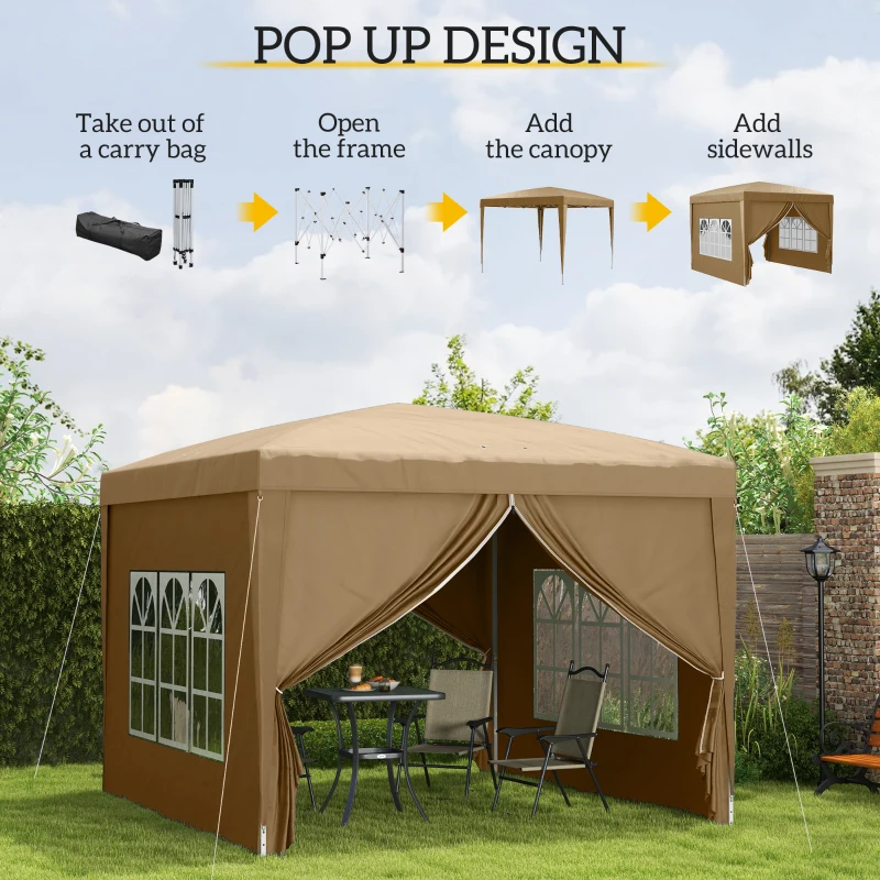 Outsunny 3x3(m) Pop-Up Gazebo, with Curtain Walls and Windows, Khaki
