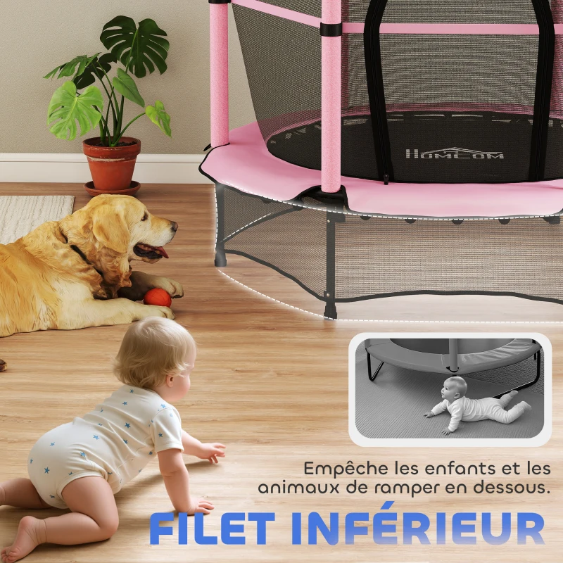 HOMCOM Trampoline Enfant Ø 1,40 × 1,90H m Filet de sécurité Porte zipée Couvre-Ressorts 6 poteaux rembourrés Inclus Rose