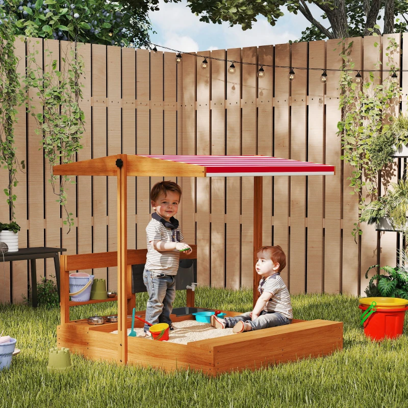 Outsunny Arenero de Madera para Niños con Techo Regulable con Juguetes de Cocina Juego para Niños 3-7 Años 114x110x110 cm Marrón