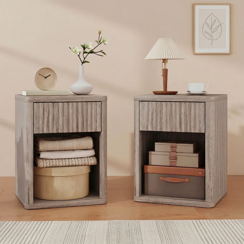 HOMCOM Modern Bedside Table Set of 2, Bedside Cabinet with Drawer and Open Shelf, Side End Table, Nightstand for Bedroom, Oak