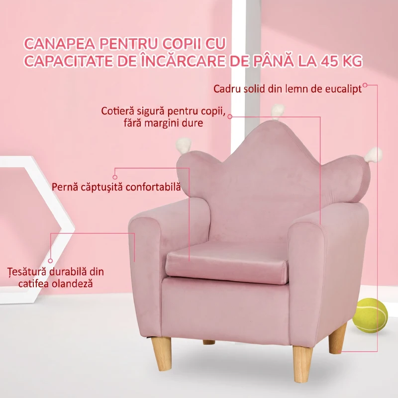HOMCOM Fotoliu pentru Copii din Material cu Efect de Catifea Roz cu Spătar în Formă de Coroană, 50,2x41,9x57,8 cm