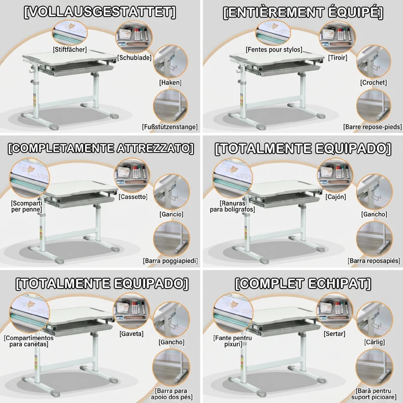 HOMCOM Birou de școală pentru copii de 6-12 ani cu scaun reglabil pe înălțime, blat înclinabil, 66x47x52-77 cm, Gri