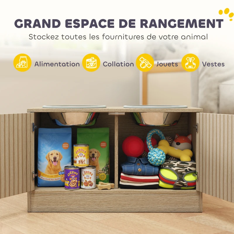 PawHut Gamelles pour chiens surélevées porte-gamelles avec rangement de 40L, 2 bols en acier inoxydable 60 x 30 x 35,5 cm chêne