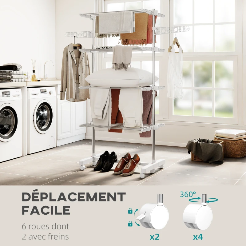 HOMCOM Étendoir à Linge 4 Niveaux, Sechoir a Linge avec 6 Roulettes, Pliable, Cadre en Acier Inoxydable et Ailes Latérales, pour Intérieur Extérieur, 142 x 55 x 172 cm, Blanc