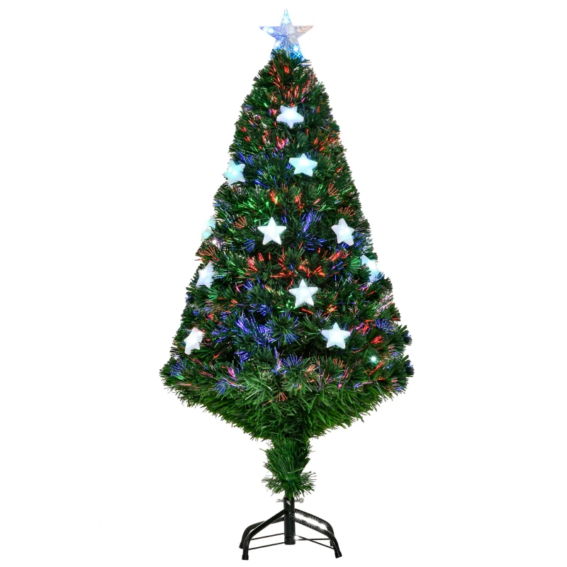 HOMCOM 4FT Prelit Artificial Christmas Tree Fibre Optic Star LED Light Holiday Home Xmas Decoration with LED Light for Indoor Party, Green