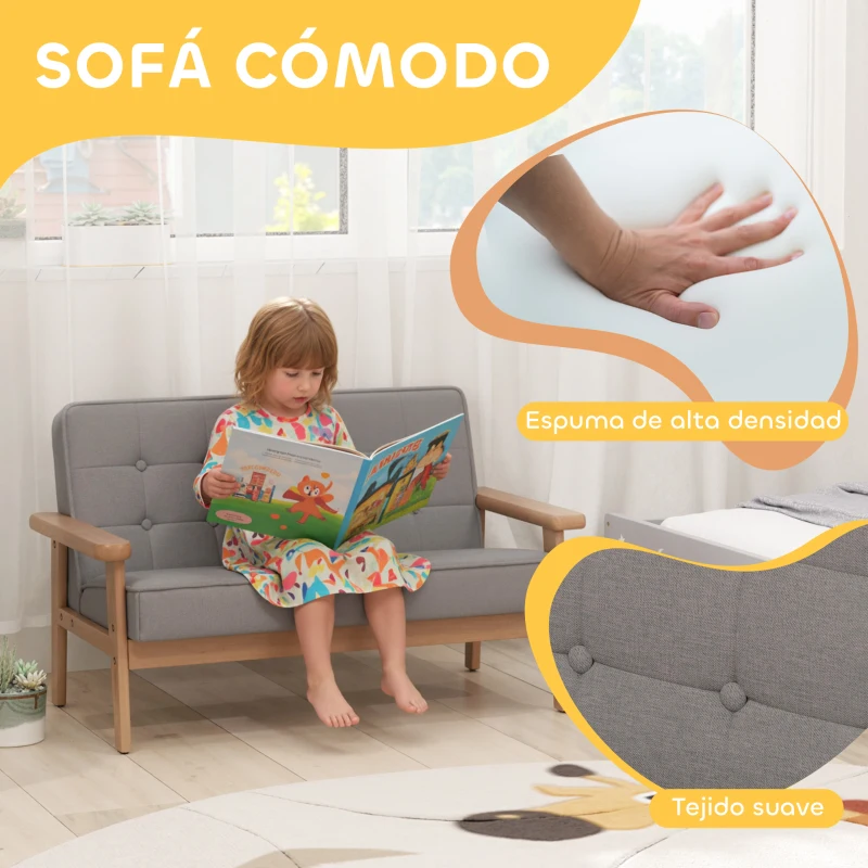 AIYAPLAY Sofá para Niños de 2 Plazas Sillón Infantil de Felpa Suave Estructura de Madera para Niños de +3 Años Gris