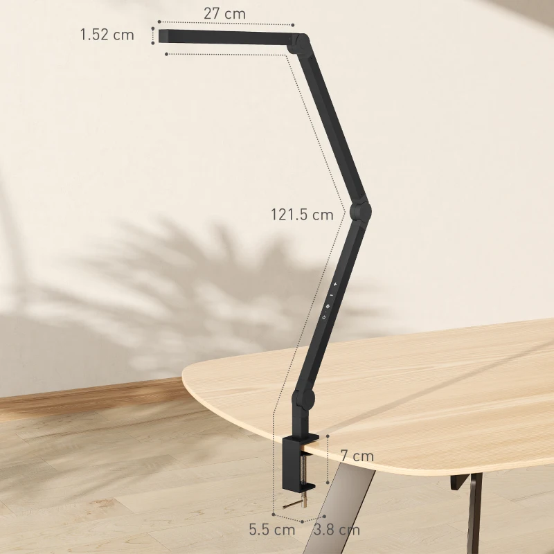 HOMCOM LED Desk Lamp, Dimmable Desk Light with Swing Arm and Clamp, Adjustable Eye-Caring Table Lamp with 2 Colour Modes & 5 Brightness Levels for Study, Drawing, Office, Architect, Task, Black