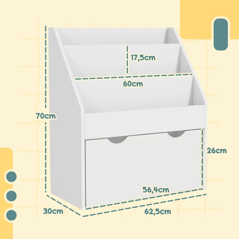 AIYAPLAY Librería Infantil de 4 Niveles Estantería para Libros Infantil con 3 Estantes y 1 Cajón con Ruedas 62,5x30x70 cm Blanco