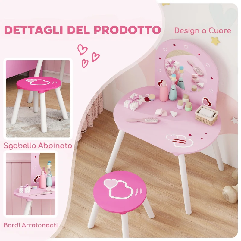 AIYAPLAY Set Toeletta Trucco Bambina 3-6 Anni con Sgabello, Specchio Infrangibile, Design con Cuori, Rosa
