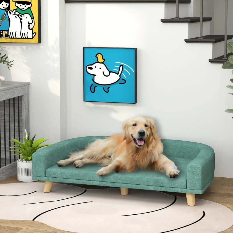 PawHut Canapé pour chien grand lit surélevé pour chien coussin lavable cadre en bois tissu polyester 98 x 67 x 25 cm vert clair