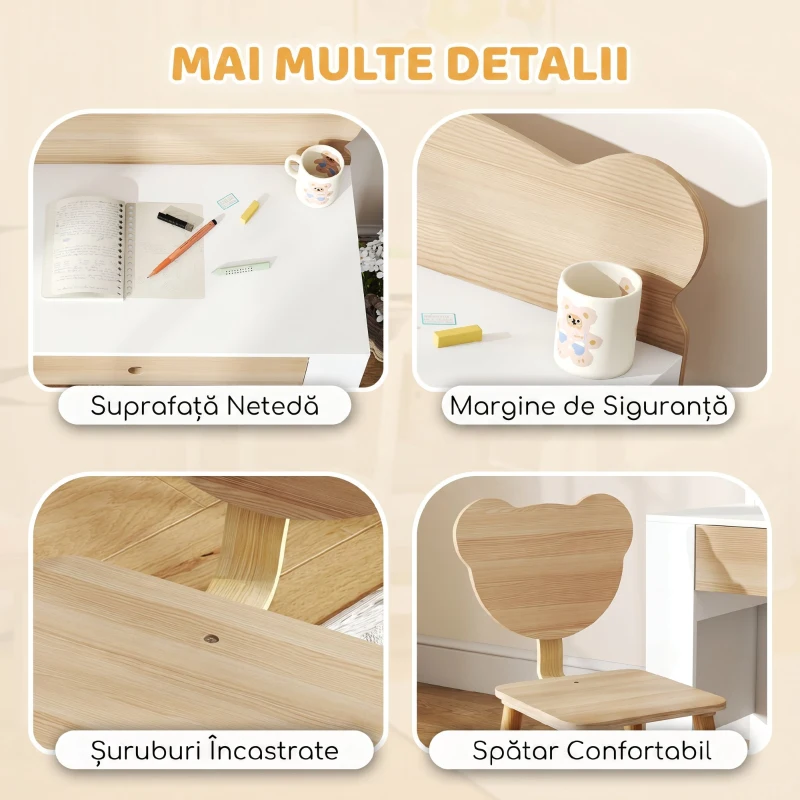 AIYAPLAY Set birou pentru copii cu sertar și scaun cu spătar ursuleț, 3-8 ani, culoare lemn