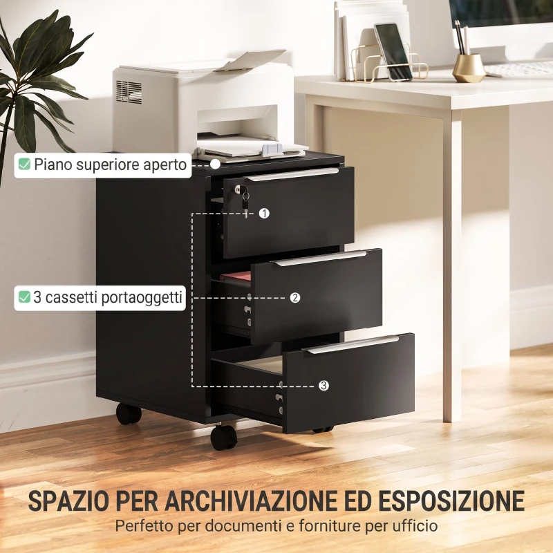 HOMCOM Schedario da Ufficio con 3 Cassetti, 4 Ruote, Cassettiera Ufficio con Serratura e 2 Chiavi, Nero