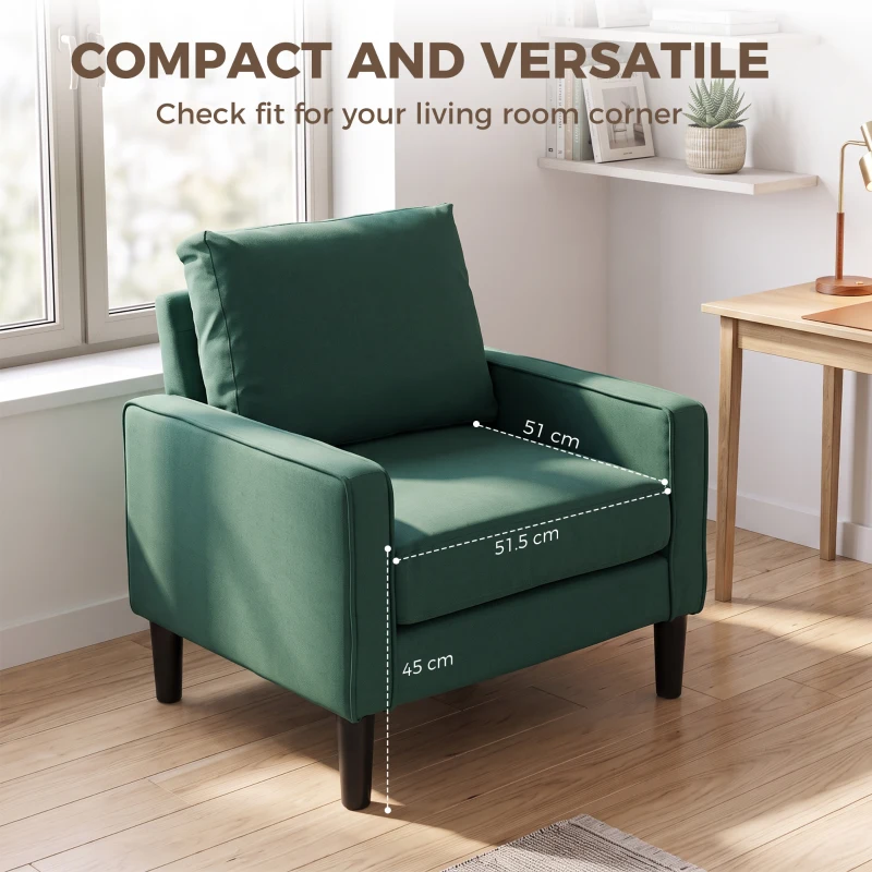 HOMCOM Accent Chair, Removable Pillow Linen Armchair with Comfy Spring Cushion for Living Room, Bedroom, Study, Dark Green