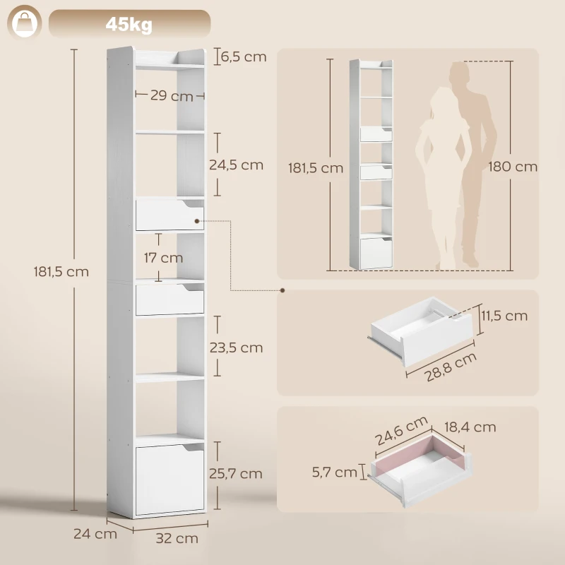 HOMCOM Bibliothèque étagère de rangement étroite, 32x24x181,5cm avec porte 2 tiroirs compartiments ouverts, blanc