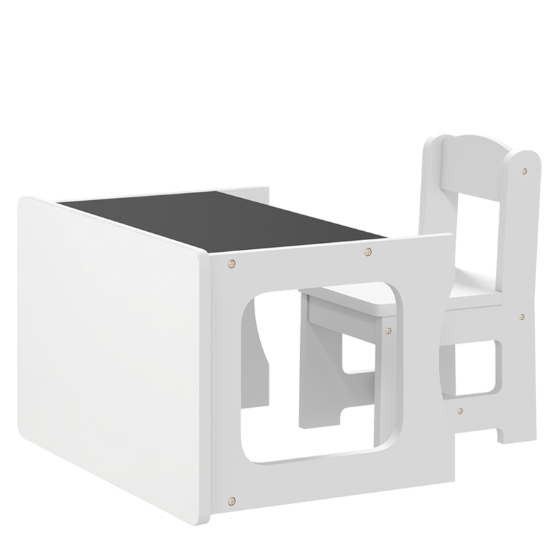 AIYAPLAY Set Tavolo e Sedia per Bambini 3-6 Anni in Legno con Piano Reversibile, Angoli Arrotondati, Bianco