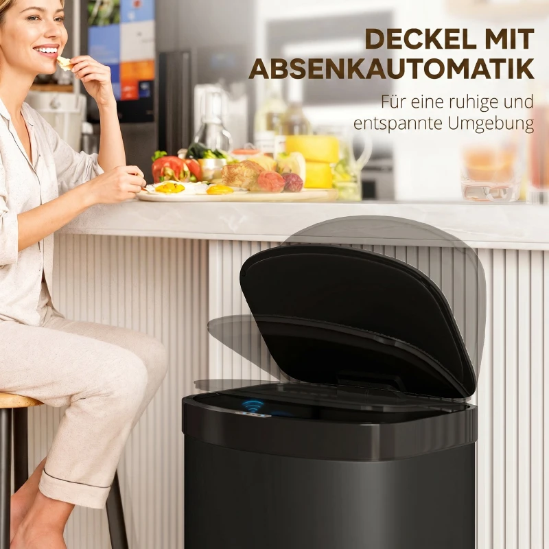 HOMCOM Sensor Mülleimer 55L Abfalleimer mit Soft-Close-Deckel aus Edelstahl, für Küche Fitnessstudio Büro, Schwarz