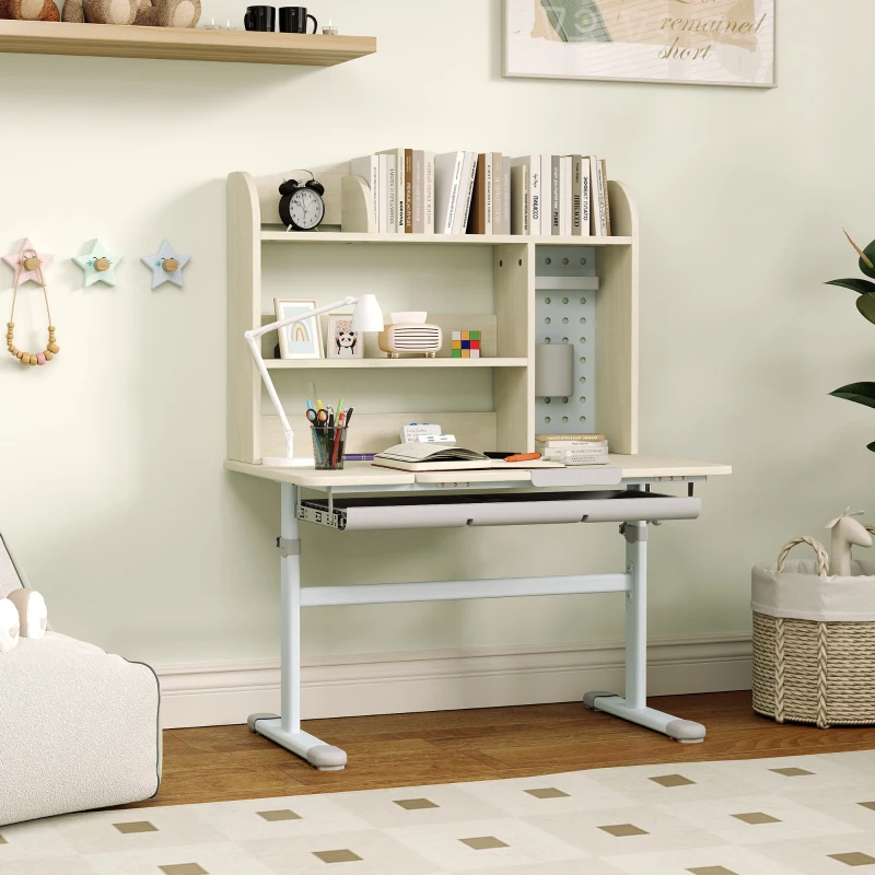 AIYAPLAY Bureau pour enfants, table d'étude réglable en hauteur avec plateau inclinable, 80 x 51 x 108,5-130,5 cm, naturel