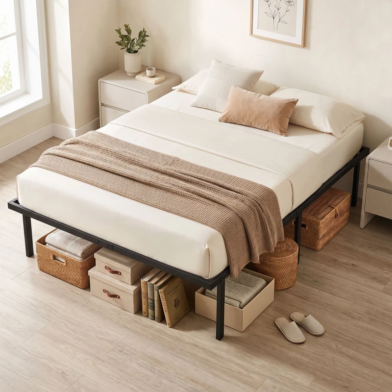 HOMCOM 4ft6 Double Bed Frame with Underbed Storage, Metal Platform Bed Frame with Steel Slat Support, No Box Spring Needed