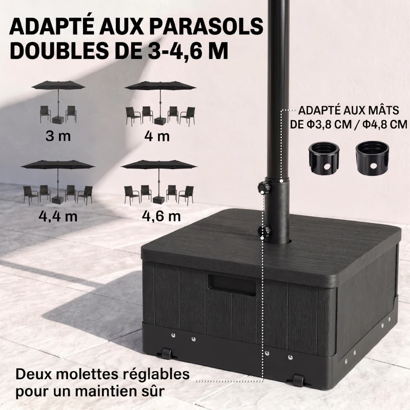 Outsunny Pied de parasol base de lestage parasol table d'appoint jardinière avec drainage roulettes et poignées PE et métal noir