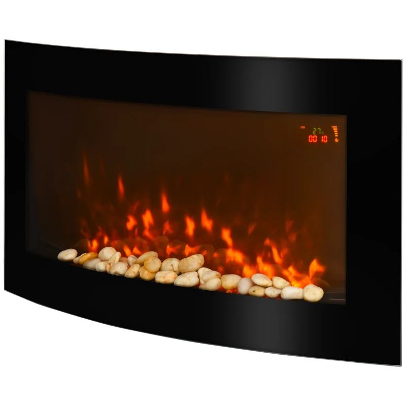 HOMCOM Led Wall Mounted Fireplace Curved Glass Electric Fire Place Fire Place 7 Colour Side Lights Slimline, 1000/2000W, 89.2cm x 48cm