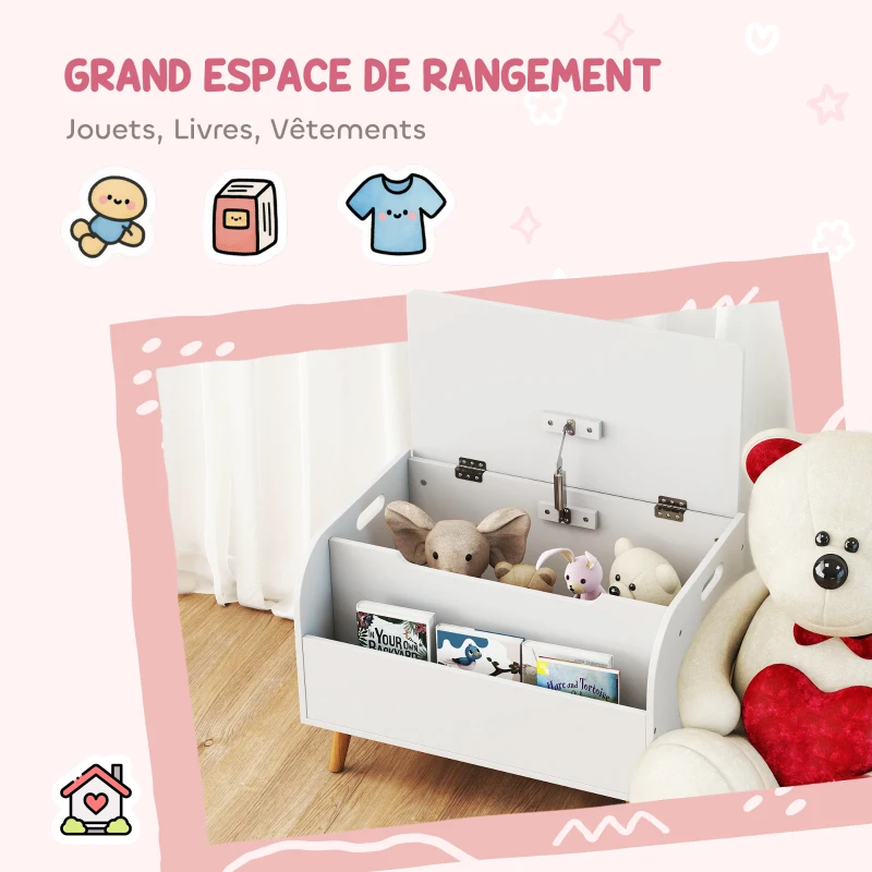 AIYAPLAY Coffre à jouet enfant, coffre de rangement enfant, couvercle rabattable et compartiment ouvert, 60x40x43cm, blanc