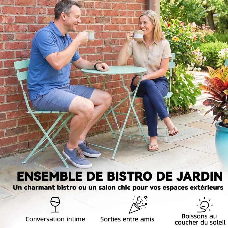 Outsunny Ensemble Bistrot de Jardin 3 Pièces Table et 2 Chaises Pliantes à Lattes Double Protection Antirouille Vert