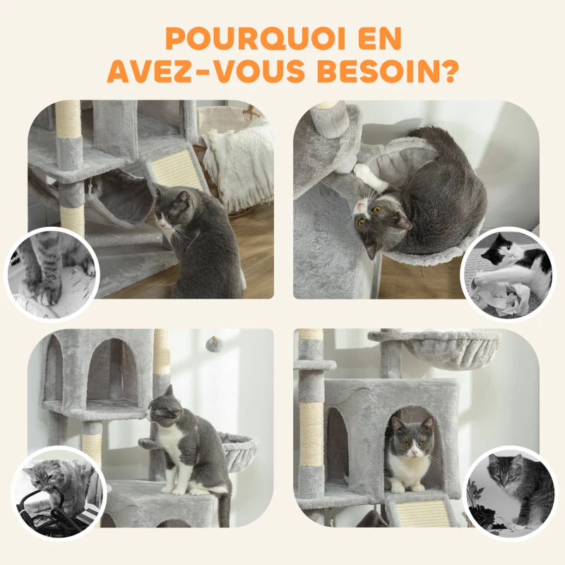 PawHut Arbre à chat tour de jeux pour chat 3 platesformes 2 niches 2 lits 2 hamacs 1 échelle hauteur 177 cm gris clair