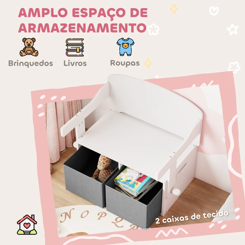 AIYAPLAY Banco para Crianças Conversível 3 em 1 Conjunto de Mesa e Cadeira Baú de Brinquedos com Cubos de Tecido Removíveis Branco