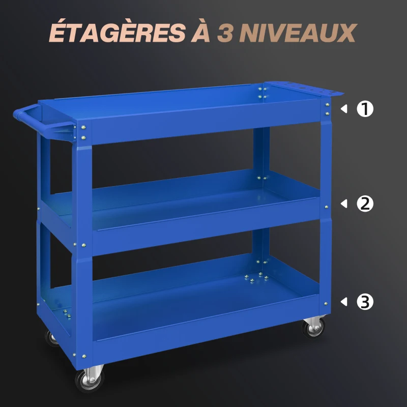 DURHAND Chariot desserte d'atelier acier 3 plateaux sur roulettes avec poignée charge max. 150 kg 83 x 35,3 x 76 cm acier bleu